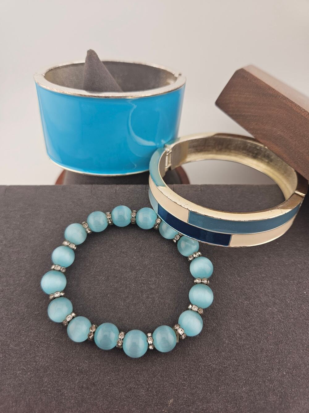 Blue & Silver Tone Bracelet Bundle Aqua Teal Bangle Stackable Mixed Lot Retro